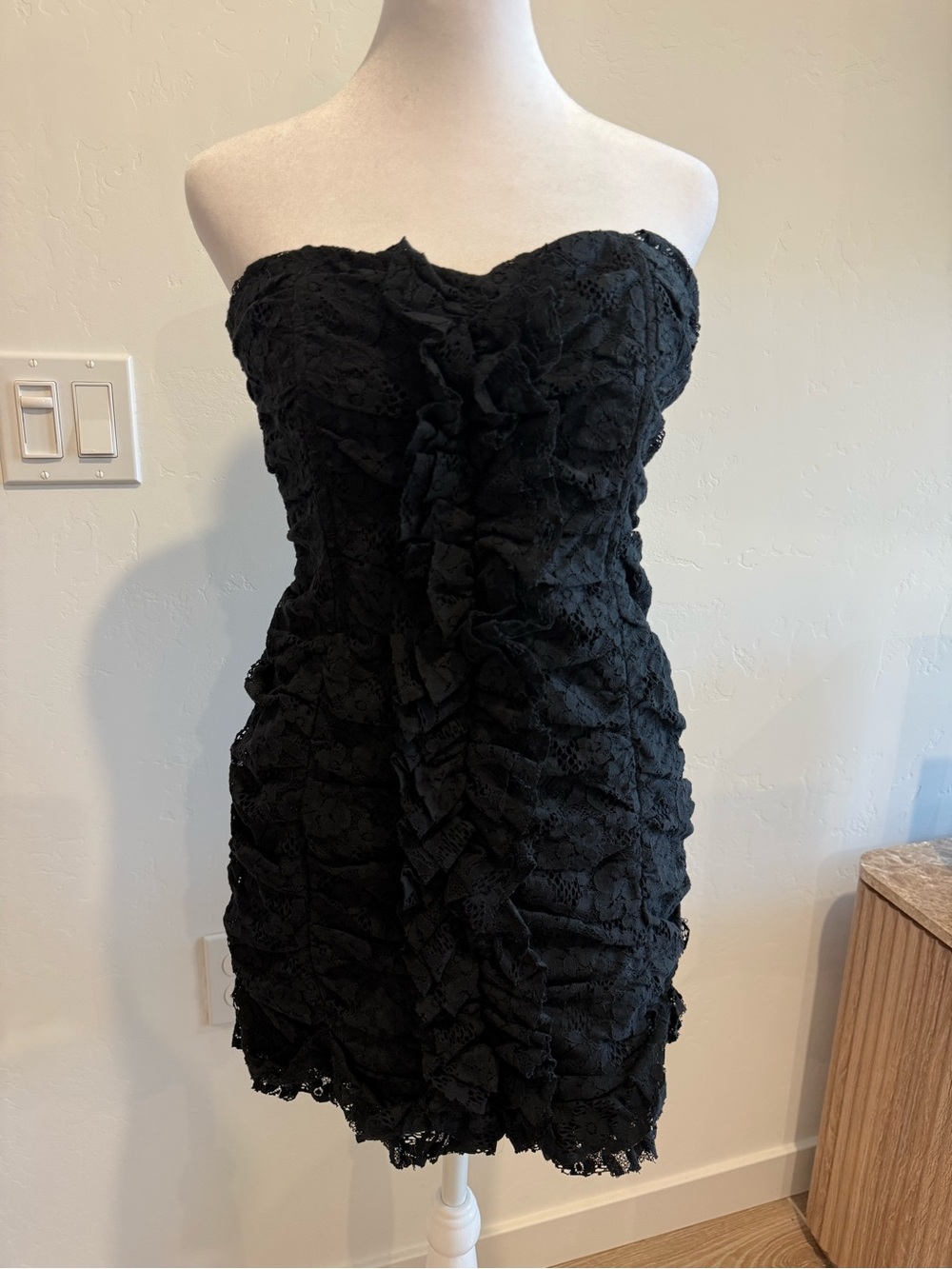 BB Dakota Strapless Black Lace Ruffle Mini Dress